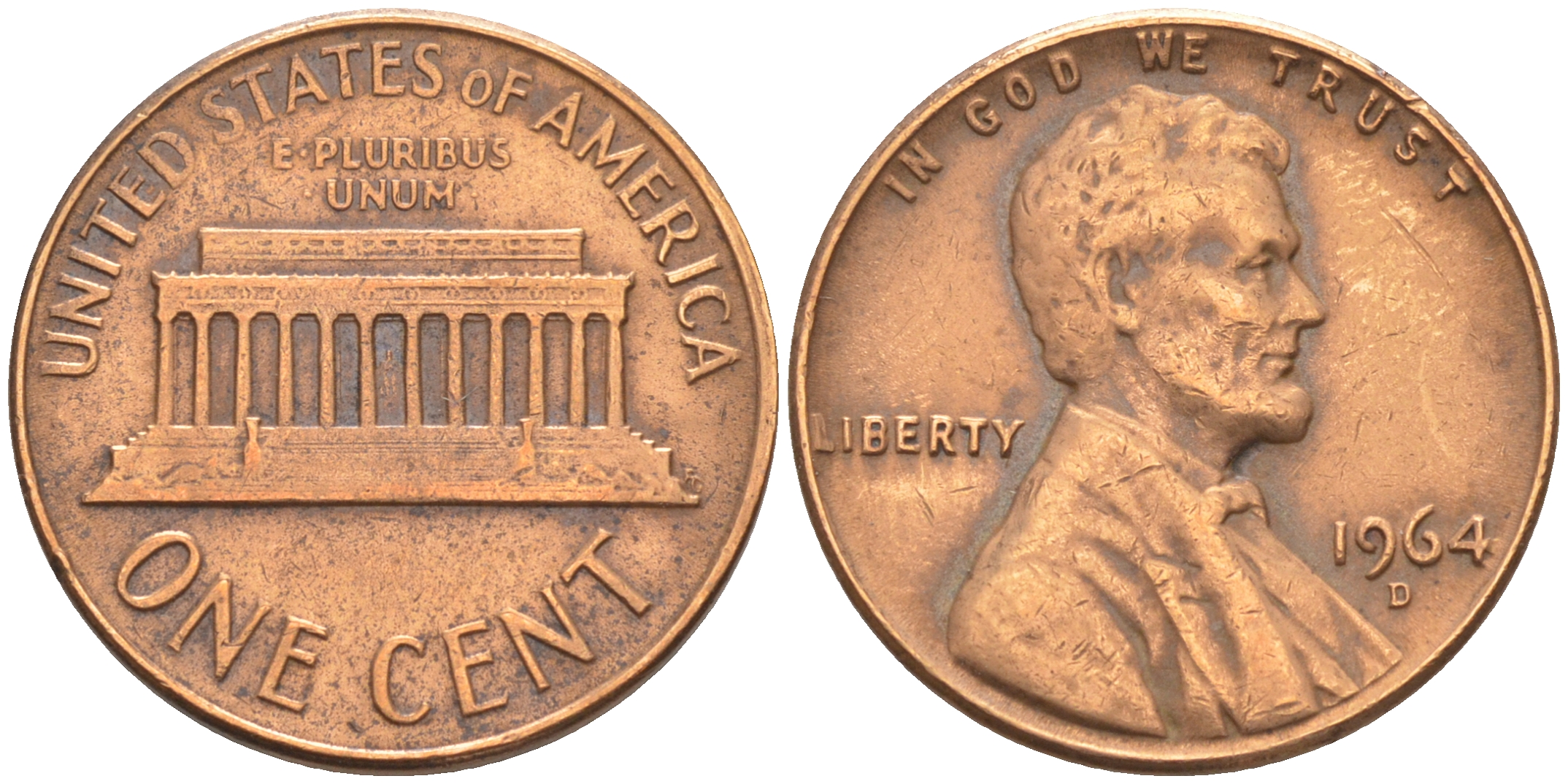 США 1 ЦЕНТ 1964 D, ЛИНКОЛЬН KM 201 медь цинк 188-256