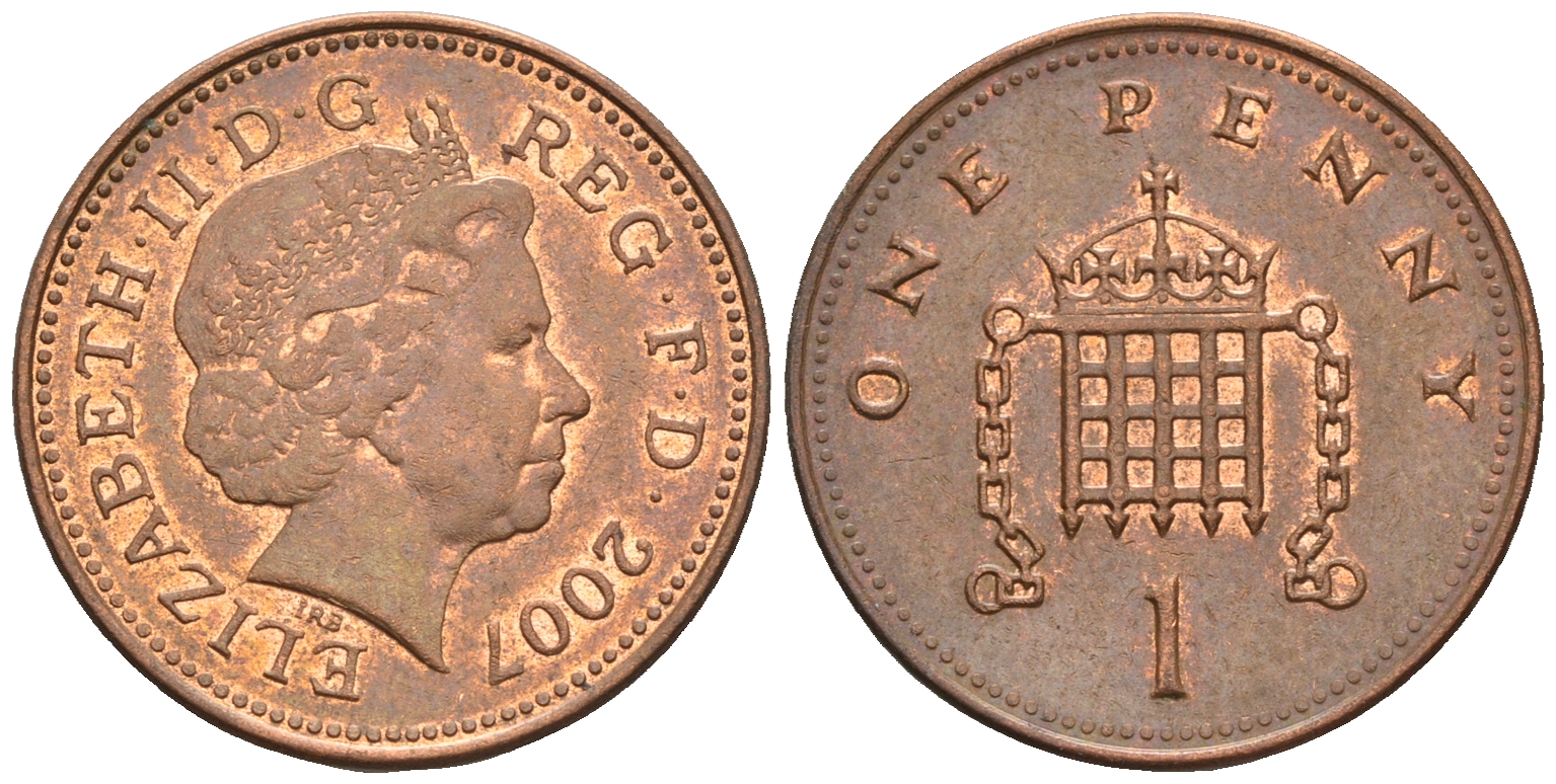 Великобритания 1 пенни 2007 Елизавета II (1952-2022) KM 986, Spink 4710 (B5) сталь плакированная медью 4609-633