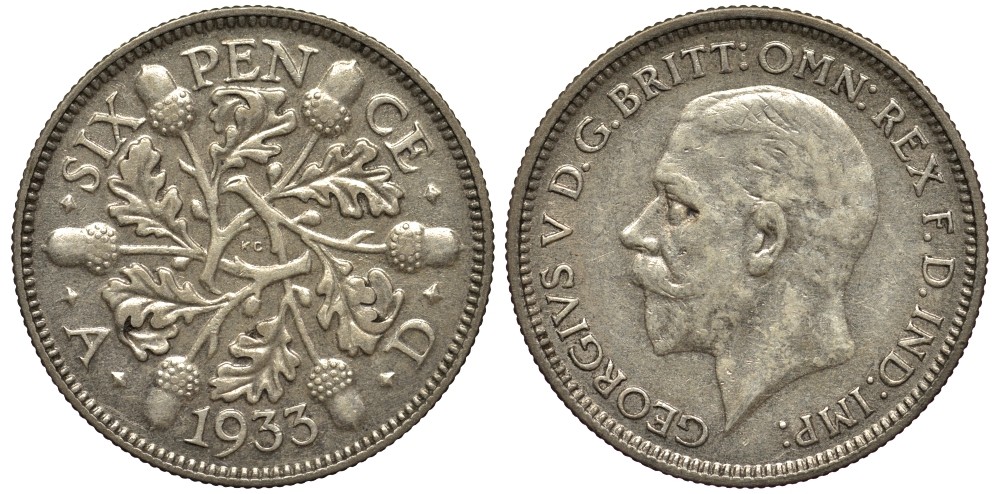 Великобритания 6 пенсов 1933 Георг V (1910-1936) KM 832, Spink 4041 серебро 4538-347