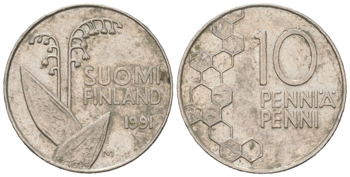 Финляндия 10 пенни 1991 M KM 65 медно-никель 218-1123