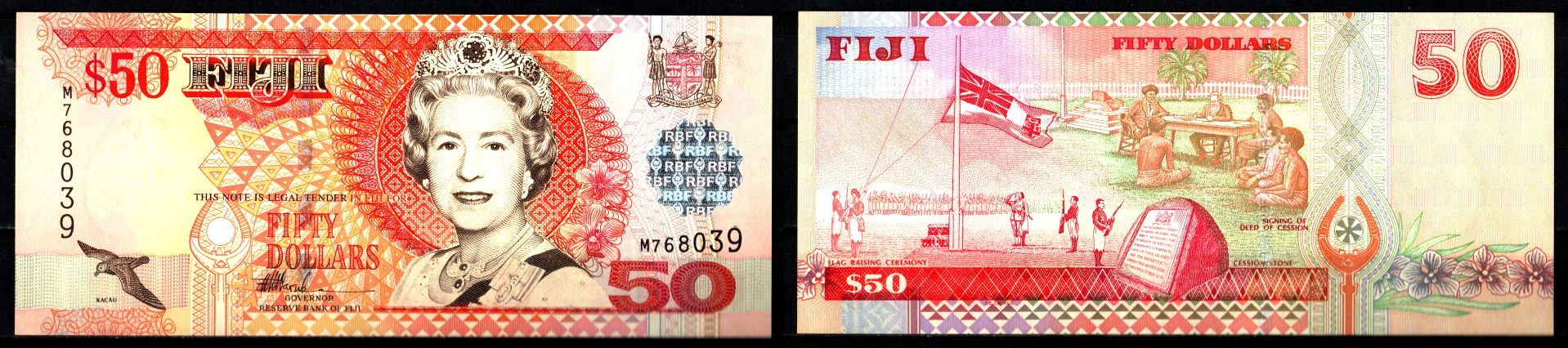 Фиджи 50 долларов ND (2002) Елизавета II. Церемония поднятия флага, Акт уступки, камень для передачи Pick 108 бумага UNC (пресс) 451-1207-2