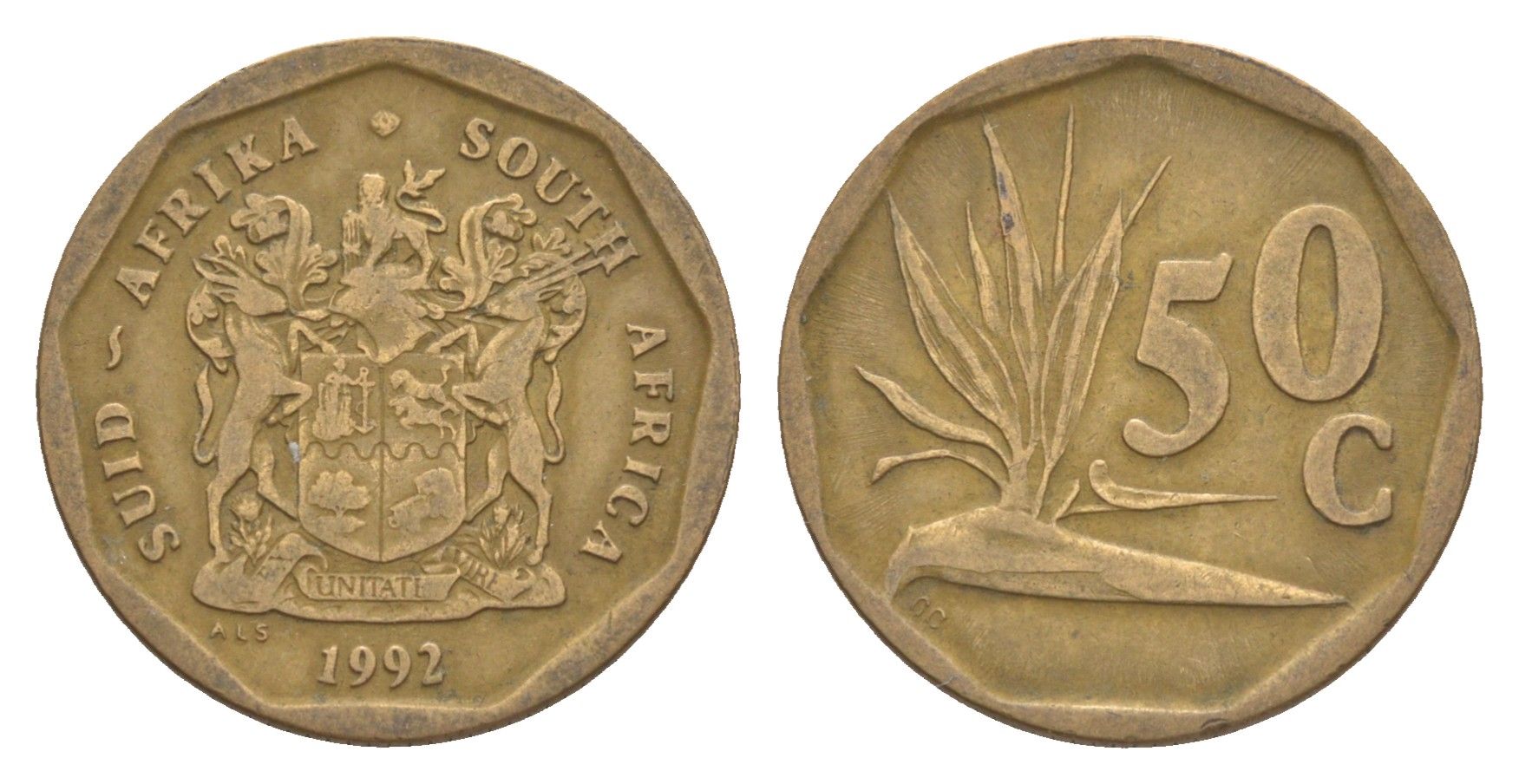 ЮАР 50 центов 1992 Зантедеския Эллиота (калла), герб KM 137 сталь плакированная бронзой 4618-618