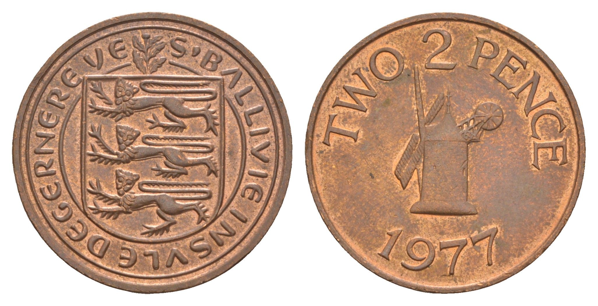 Гернси 2 пенса 1977 Елизавета II (1952-2022), ветряная мельница KM 28 бронза 4656-1054