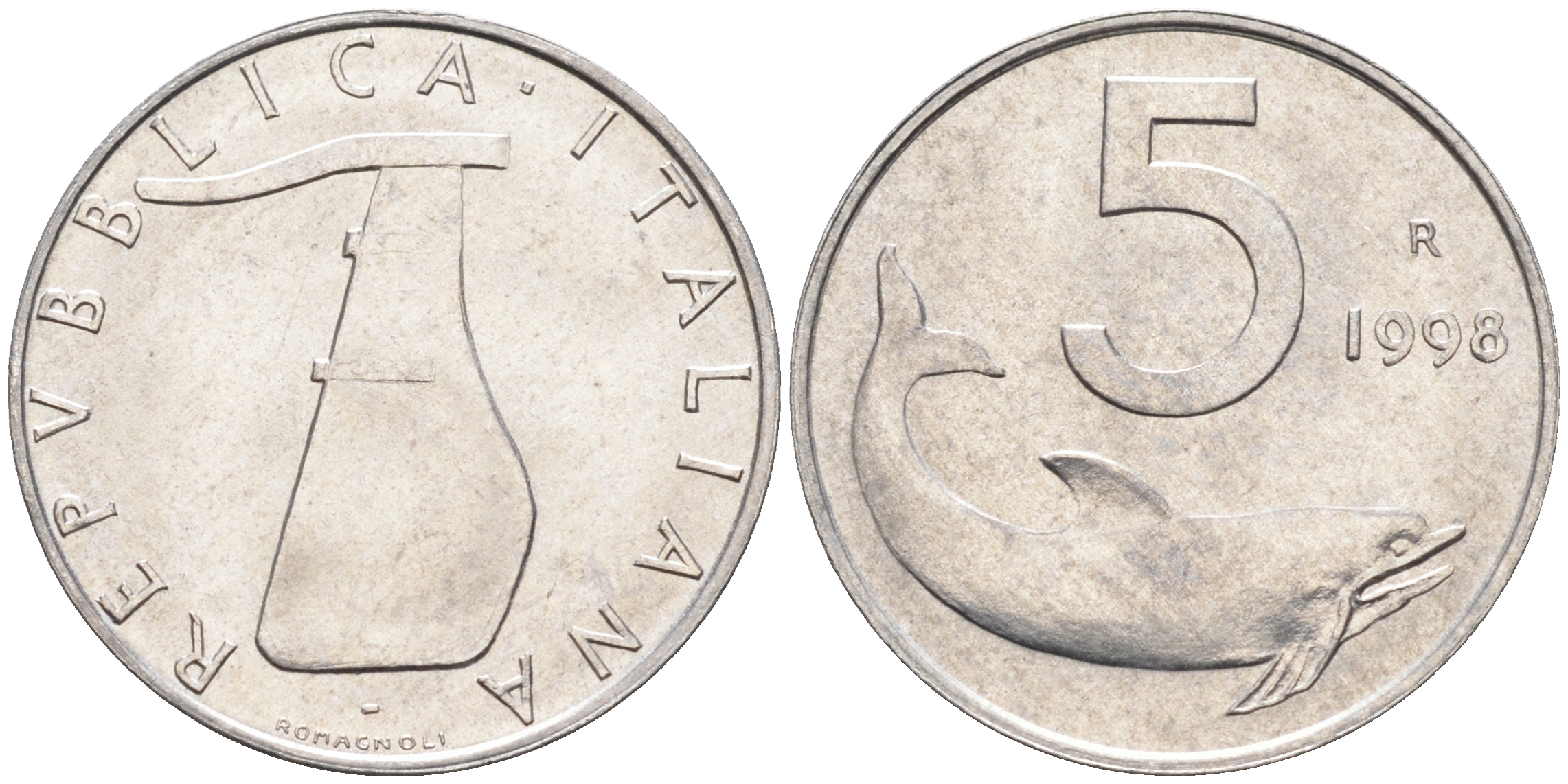 Италия 5 лир 1998 R, дельфин KM 92 алюминий  UNC  4594-1024