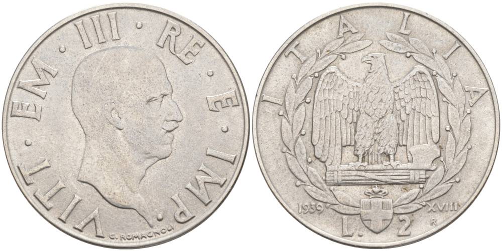 ИТАЛИЯ 2 ЛИРЫ 1939 R, ГОД XVIII, ВИКТОР ЭММАНУИЛ III (1900-1946), немагнитная, ГУРТ РИФЛЁНЫЙ KM78a, VEM3. 1153 a) нержавеющая сталь 3855-233