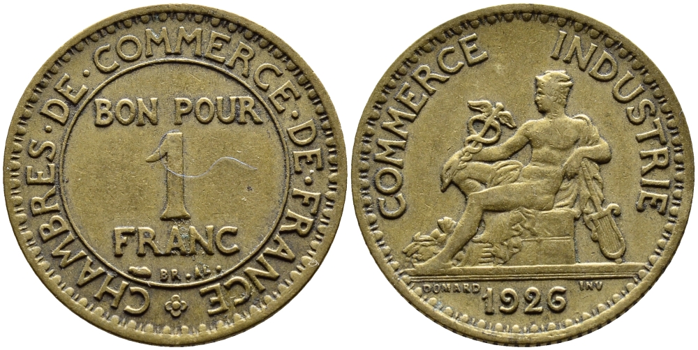 ФРАНЦИЯ 1 ФРАНК 1926 РЕДКИЙ ГОД KM 876 алюминиевая бронза 4393-1055