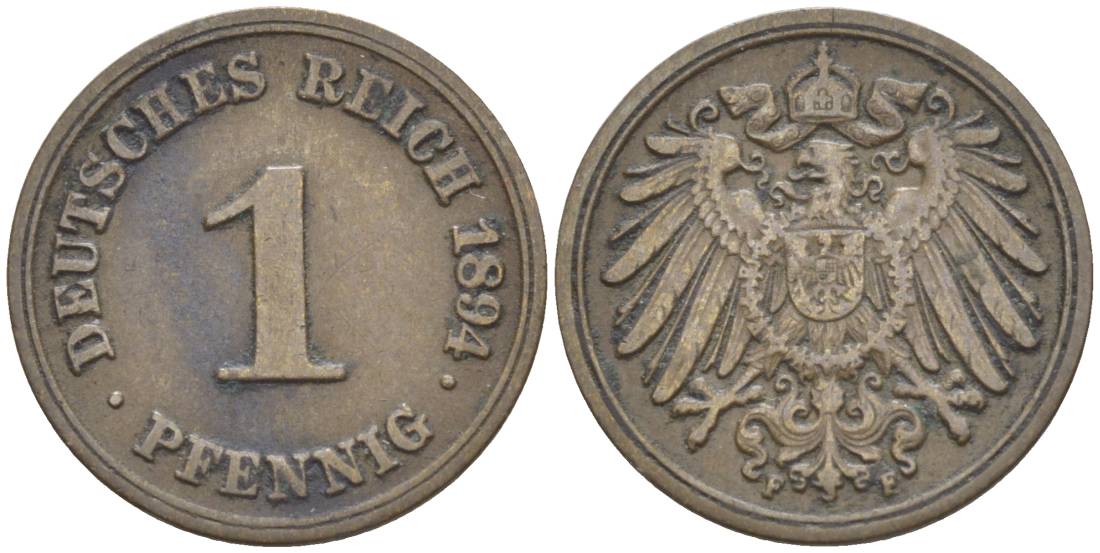 ГЕРМАНИЯ 1 ПФЕННИГ 1894 F KM 10, Jager. 10, Weege 2 медь 4528-1133
