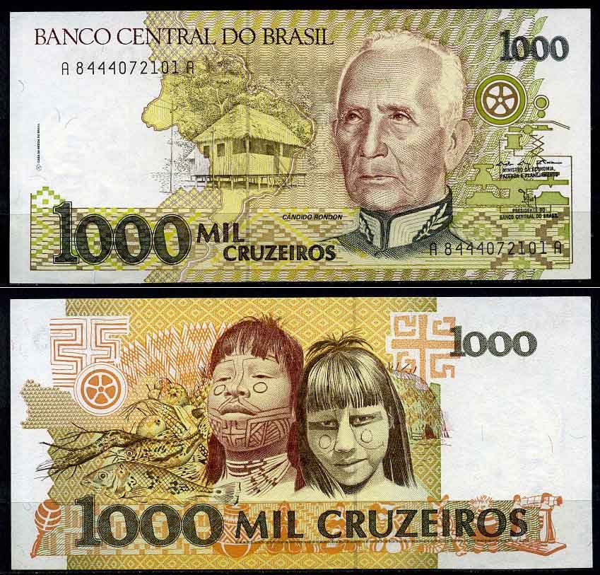 Бразилия 1000 крузейро ND (1991) серия A 8444, Кандиду Рондон Pick 231 b бумага UNC (пресс) 2197-44-3-2