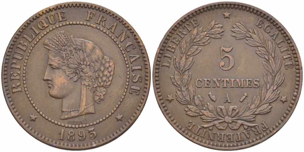 ФРАНЦИЯ 5 САНТИМОВ 1893 А, ТРЕТЬЯ РЕСПУБЛИКА (1871-1940) KM 821.1, LE FRANC 118.36 бронза 108-642