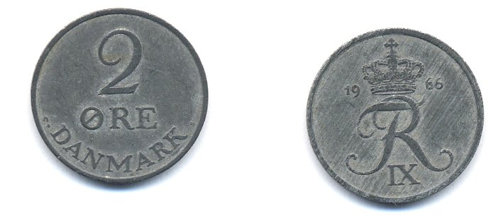 ДАНИЯ 2 ЭРЕ 1966 C; S, ФРЕДЕРИК IX (1947-1972) KM 840.2 цинк 23-1112