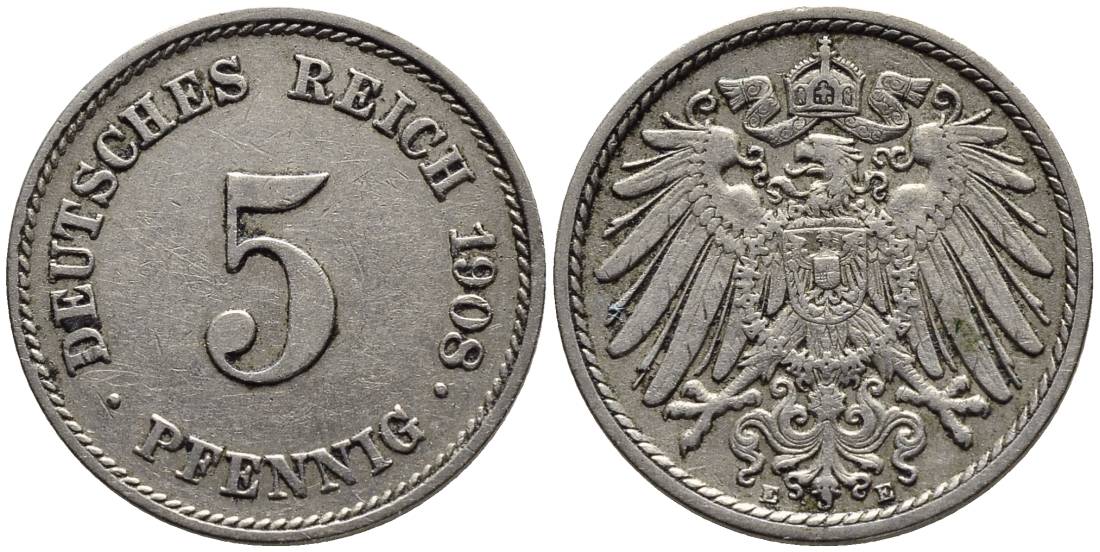 Германия 5 пфеннигов 1908 E KM 11, Jager 12, Weege 6 медно-никель 4547-465