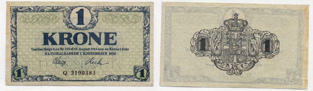 Дания 1 крона 1920 серия Q Pick 12 e бумага UNC (пресс) 450-22-2-2