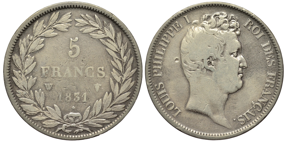 Франция 5 франков 1831 W, Луи Филипп I (1830-1848) KM 735.13 серебро 413-3443