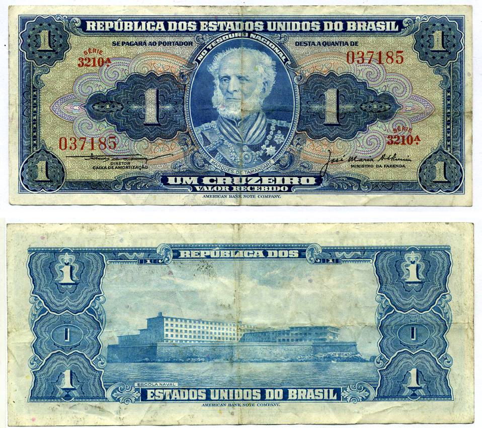 БРАЗИЛИЯ 1 КРУЗЕЙРО 1954-1958 СЕРИЯ 3210А, ПОДПИСЬ 5 Pick 150c бумага VF 7215-6-3-2