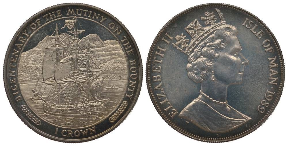 Остров Мэн 1 крона 1989 200 лет мятежу на паруснике Баунти, парусник на фоне скал KM 241 медно-никель UNC 1078-2-53