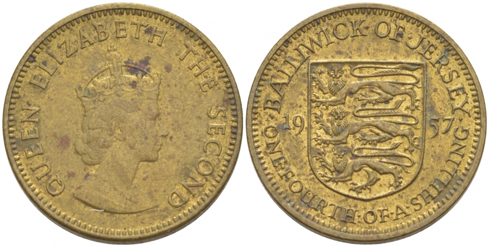 ДЖЕРСИ 1/4 ШИЛЛИНГА 1957 ЕЛИЗАВЕТА II, ПЕРВЫЙ ГОД KM 22 никель латунь 77-843