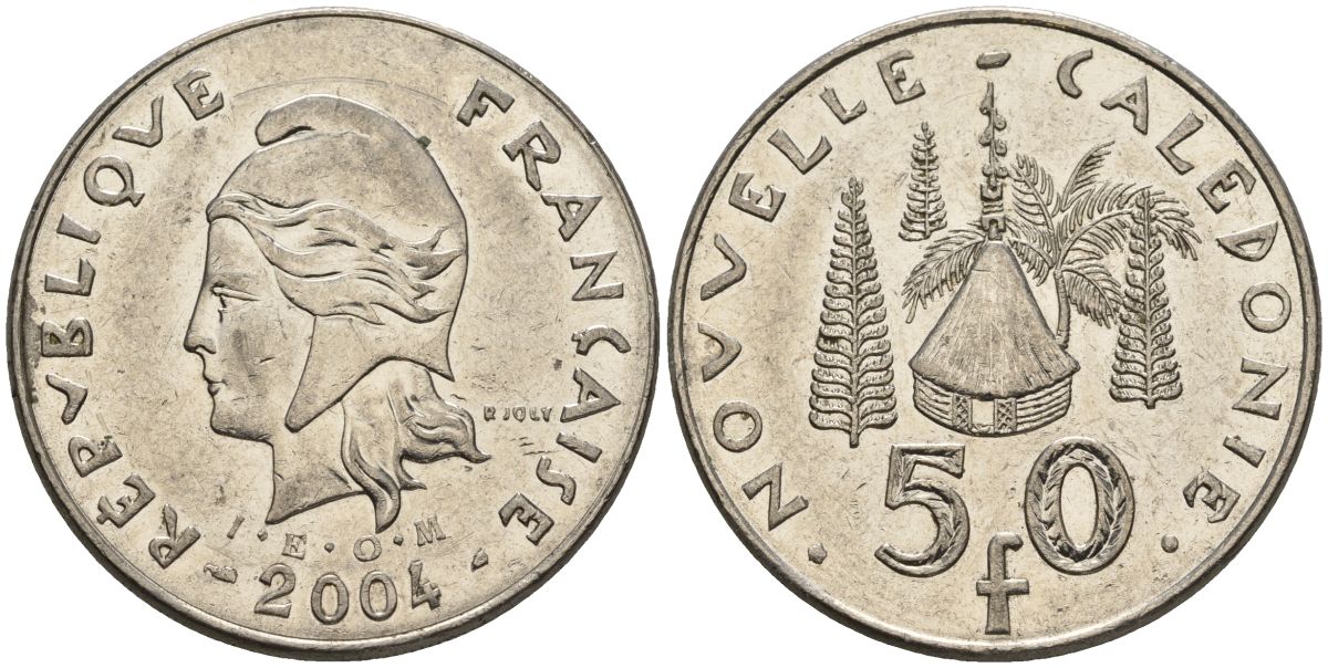 Французская Новая Каледония 50 франков 2004 хижина среди сосен и пальм, (IEOM) KM 13, Schoen 15, Lec 121 никель 4144-124