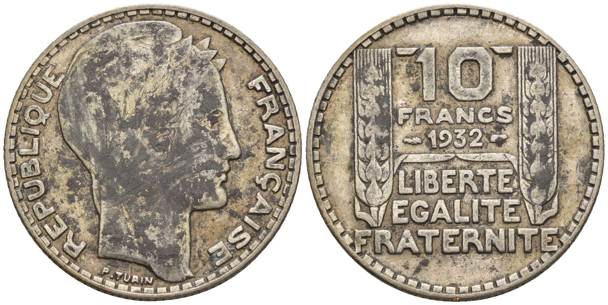 Франция 10 франков 1932 Пьер Тюрен KM 878, Le Franc 360.5 серебро 85-1145