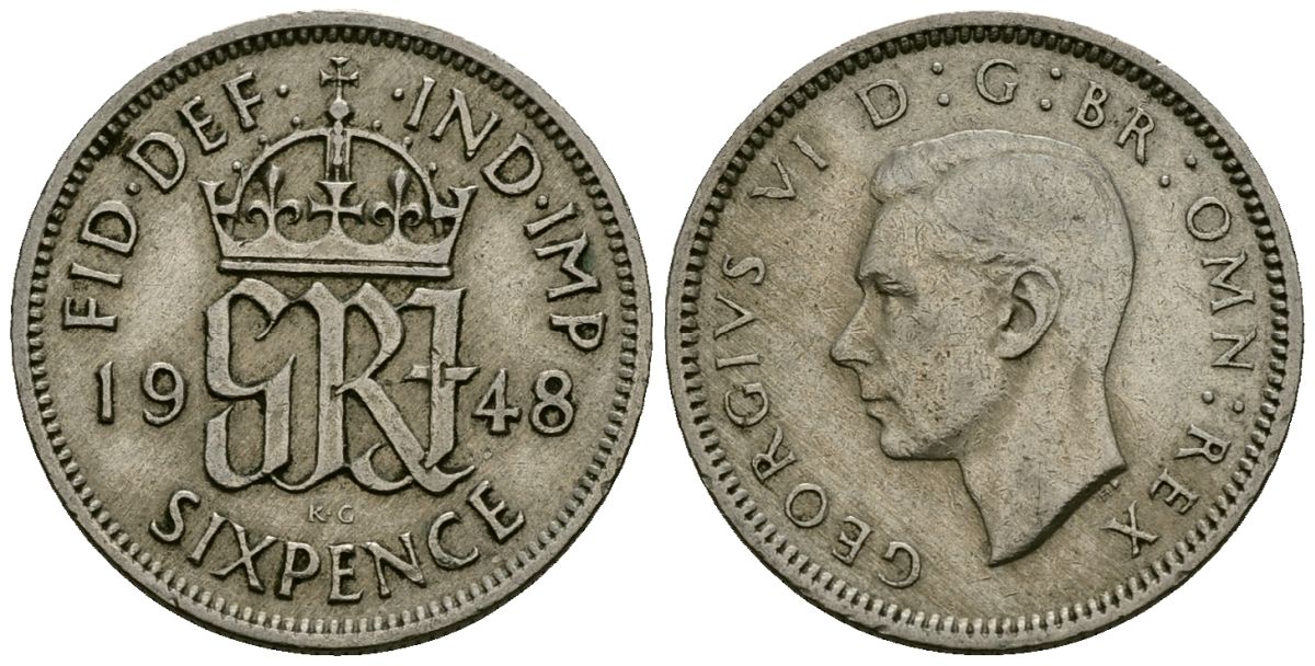 Великобритания 6 пенсов 1948 Георг VI (1936-1952) KM 862, Spink 4105 медно-никель 4174-222