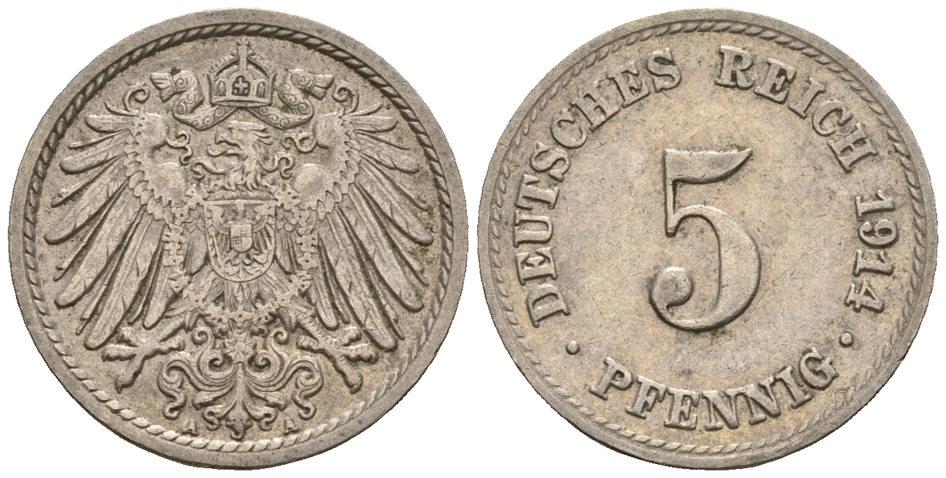 Германия 5 пфеннигов 1914 A, KM 11, J. 12 медно-никель 220-725