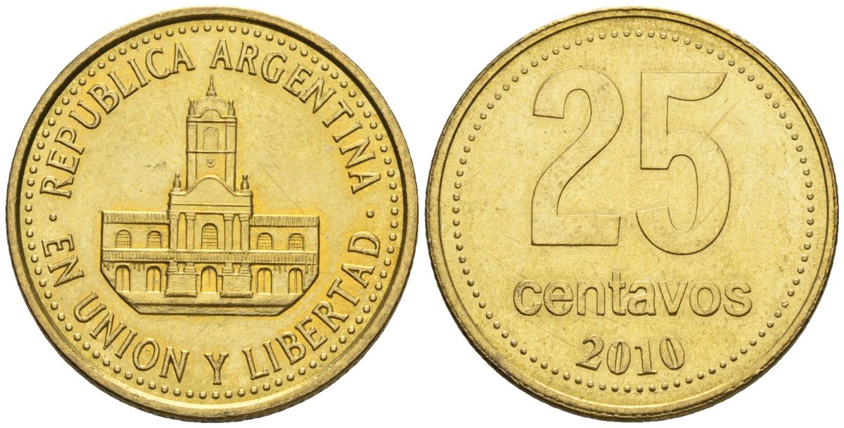 Аргентина 25 сентаво 2010 ратуша Буэнос-Айреса KM 110, CJ 4.6.2, Schon 111 алюминиевая бронза    60-442