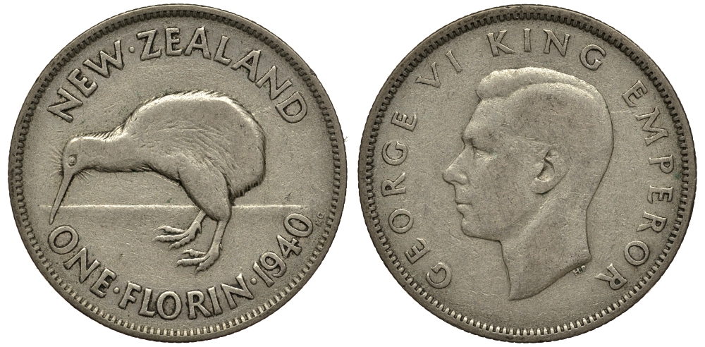 Новая Зеландия 1 флорин 1940 Георг VI (1936-1952), птичка киви KM 10.1 серебро 272-1513