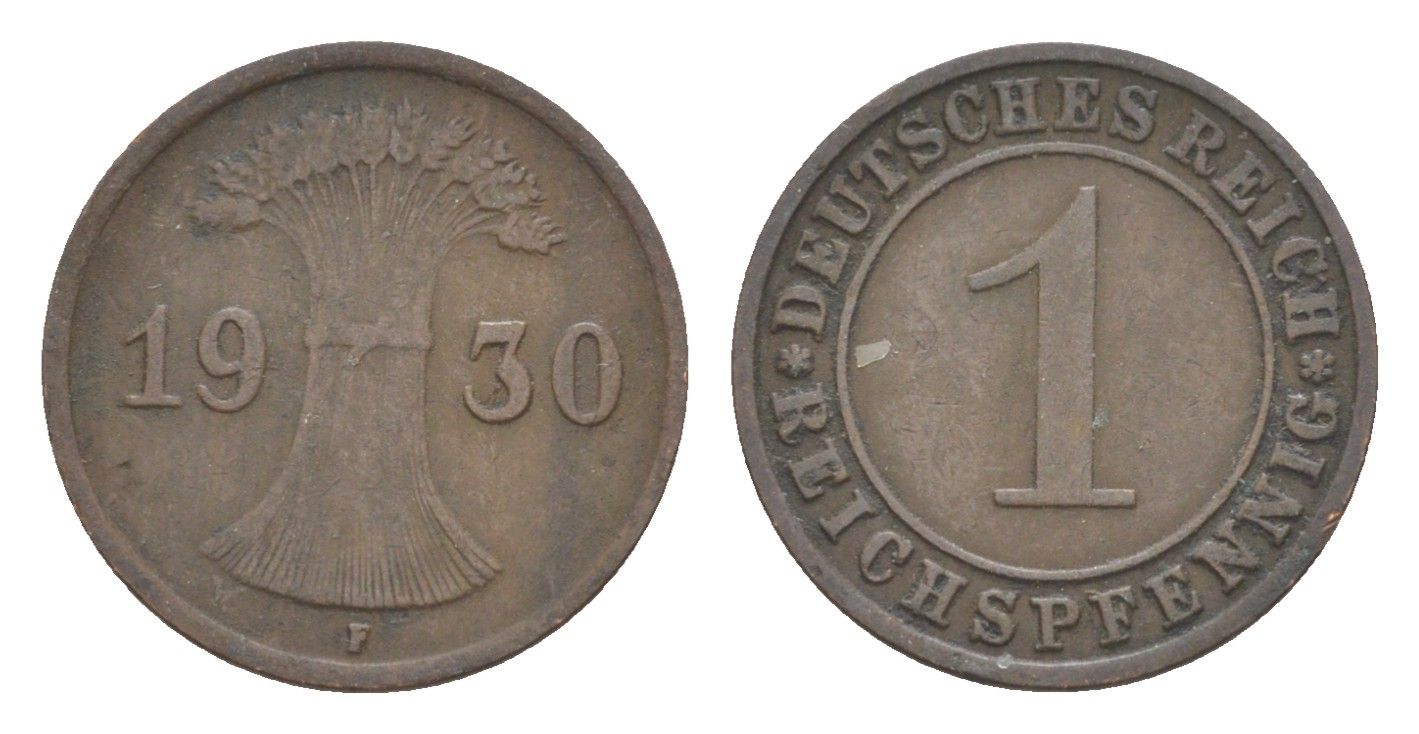 Германия 1 рейхспфенниг 1930 F KM 37, J. 313 бронза 4636-318