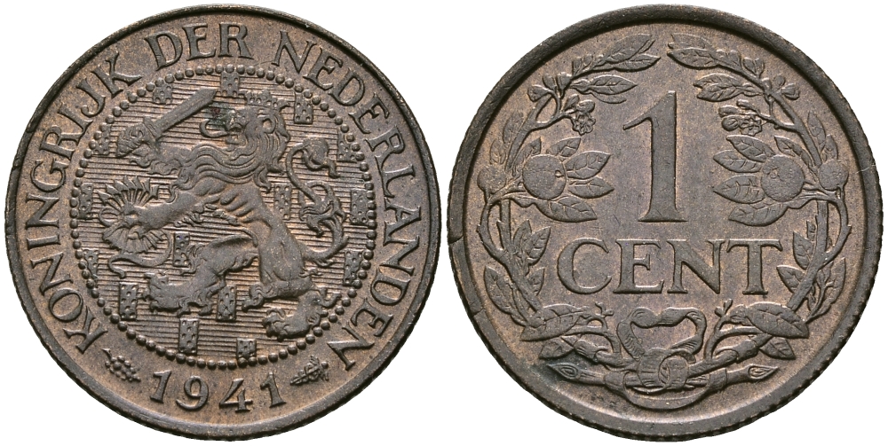 НИДЕРЛАНДЫ 1 ЦЕНТ 1941 ВИЛЬГЕЛЬМИНА KM 152 бронза 176-661