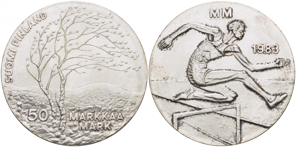 Финляндия 50 марок 1983 K-T, чемпионат мира по атлетике, бег с препятствиями KM 61 серебро UNC 1515-1225