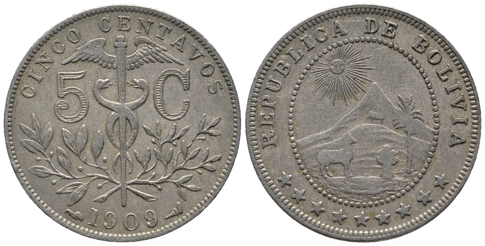БОЛИВИЯ 5 СЕНТАВО 1909 РЕСПУБЛИКА KM 173.3 медно-никель 34-644