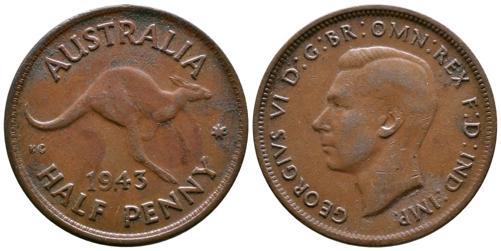 АВСТРАЛИЯ 1/2 ПЕННИ 1943 m, ГЕОРГ VI (1936-1952), КЕНГУРУ KM 41 бронза 4384-1111