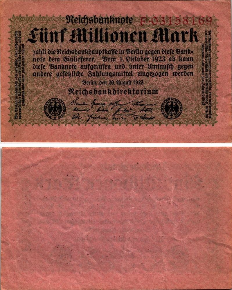 ГЕРМАНИЯ 5000000 МАРОК 1923 20 АВГУСТА 1923, РОЗОВАЯ БУМАГА Pick 105 бумага 7487-18-2-2