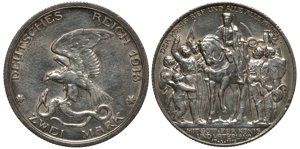 Пруссия 2 марки 1913 A, Вильгельм II (1888-1918), 100 лет победы над Наполеоном J.109, Weege 109, KM 532 серебро 3711-934