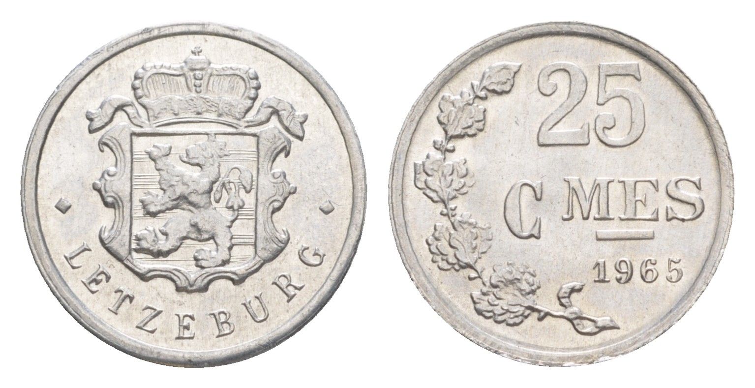 Люксембург 25 сантимов 1965 Герцог Жан (1964-1999) KM 45a.1 алюминий UNC 4115-467