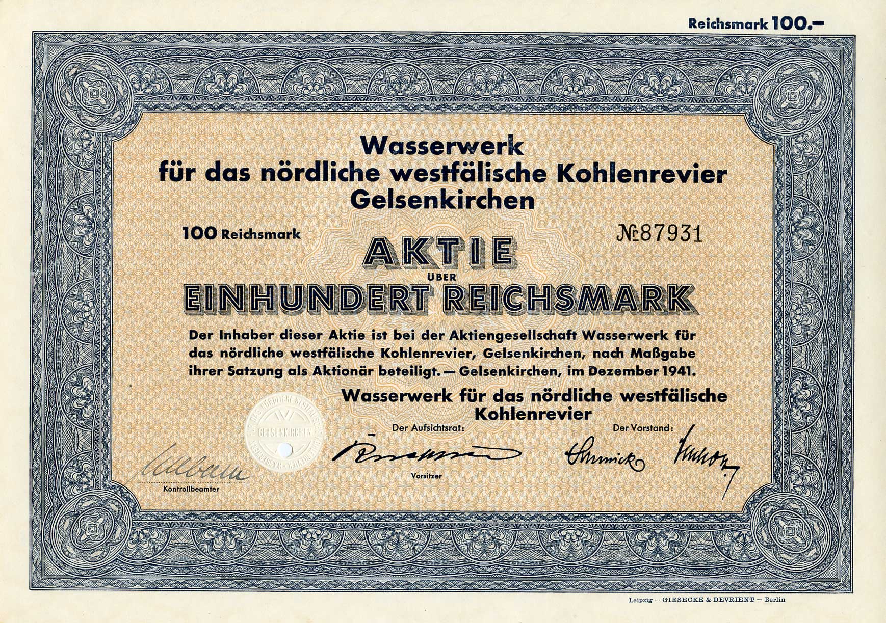 Германия 100 рейхсмарок 1941 Гидротехнические сооружения для угольного месторождения Гельзенкирхен в Северной Вестфалии, акция   бумага   8802-35-1
