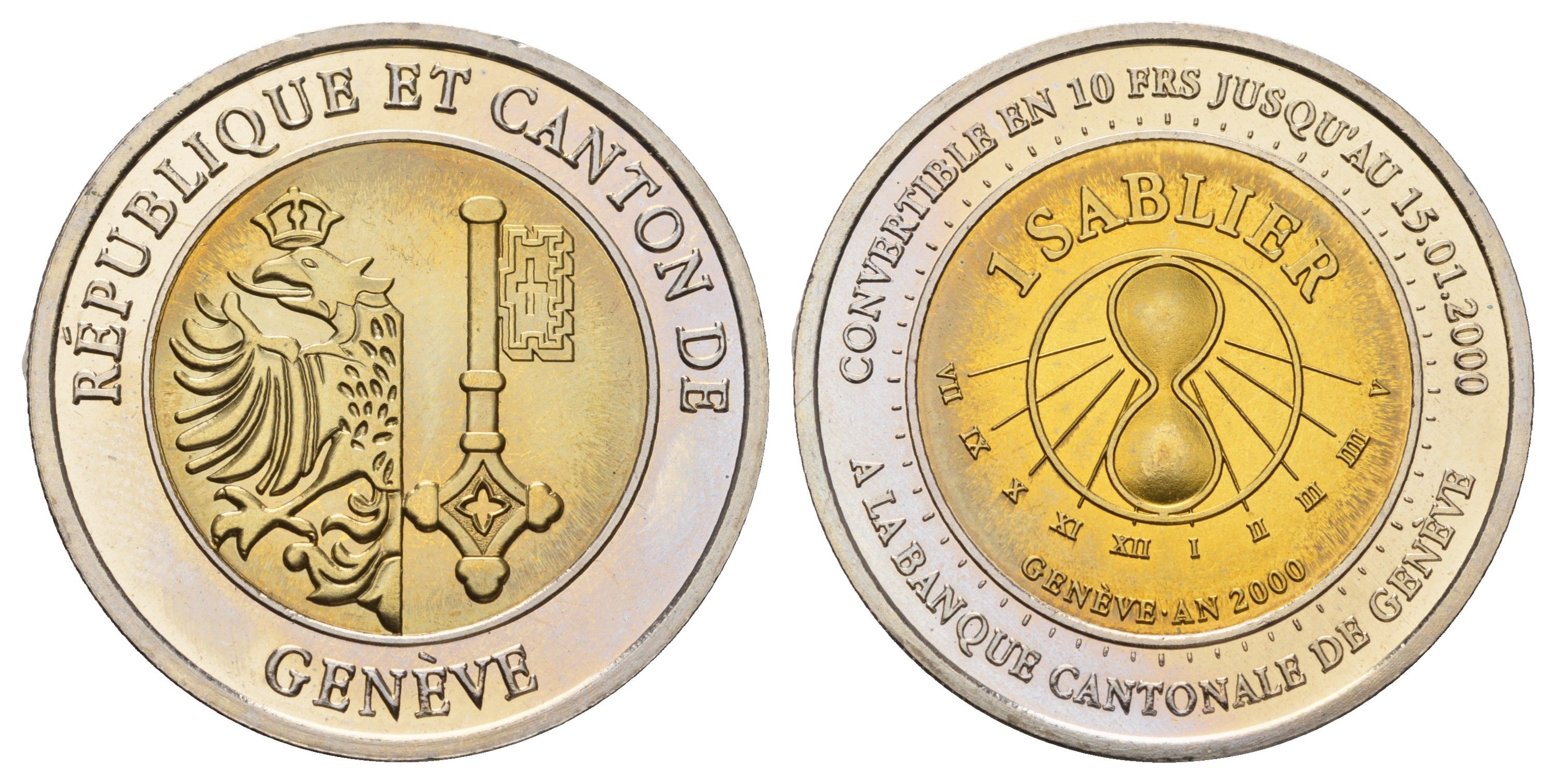 Швейцария, Женева 1 Sablier (песочные часы) 2000 монета могла быть обменена до 15.01.2000 года в Швейцарии на 10 франков. Выпщуена по случаю наступления нового тысячелетия KM 20 биметалл UNC 270-1513