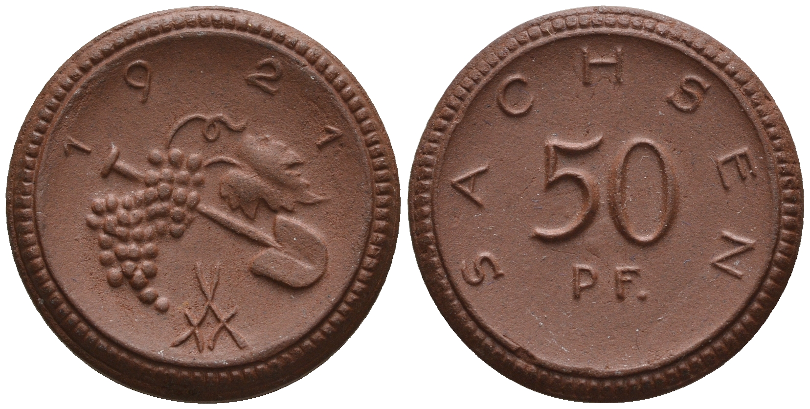 Саксония 50 пфеннигов 1921 виноград и лопата J. N 54 фарфор UNC 1094-8-63