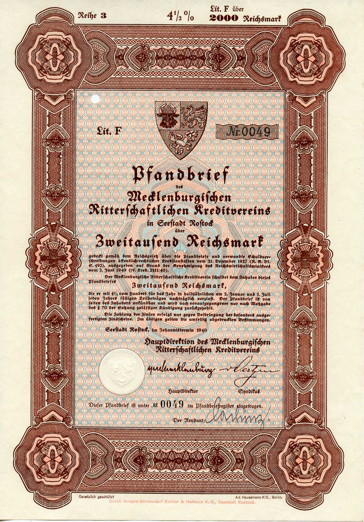 Германия 2000 рейхсмарок 1940 Мекленбургский рыцарский кредитный клуб, 4 1/2%, облигация   бумага   8803-47-1