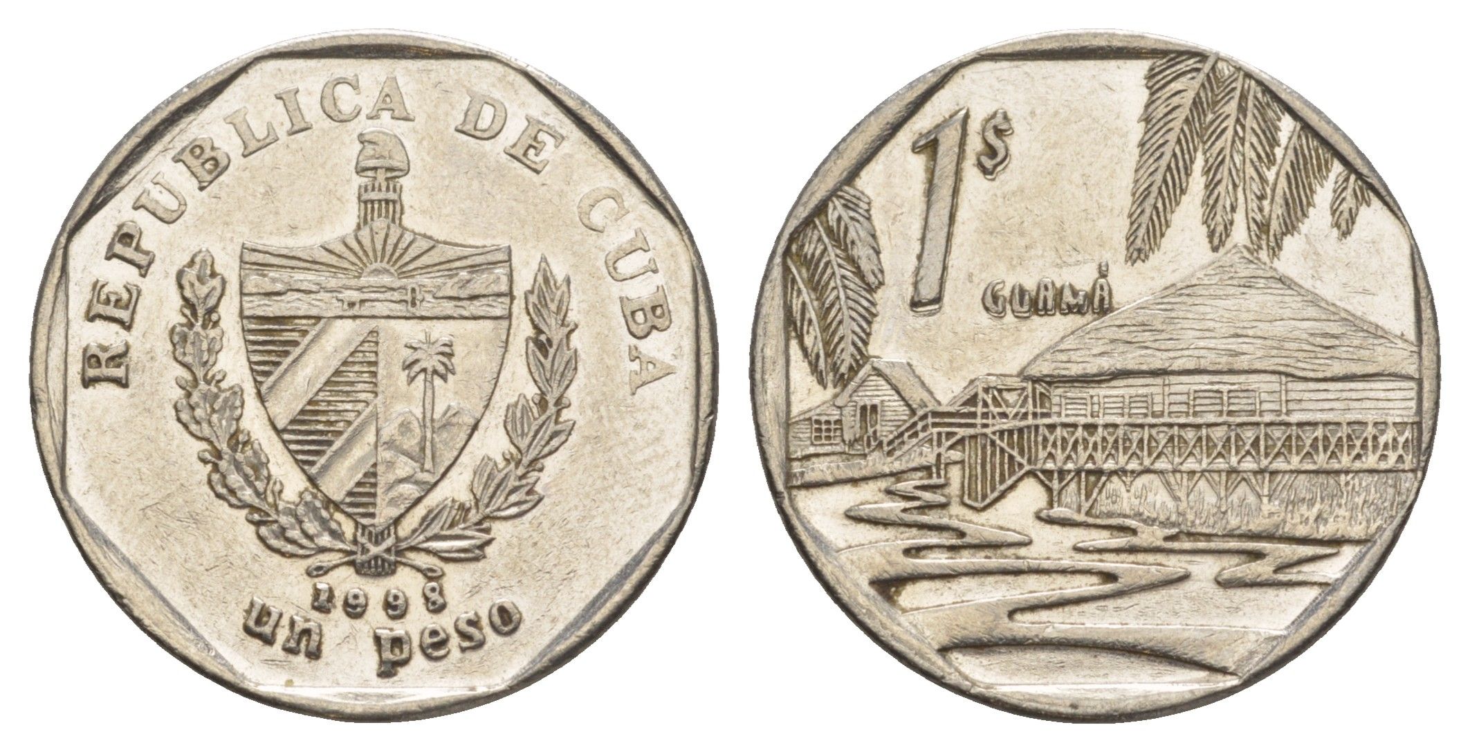 Куба 1 песо 1998 хижины Гуама KM 579 сталь плакированная никелем 4646-442