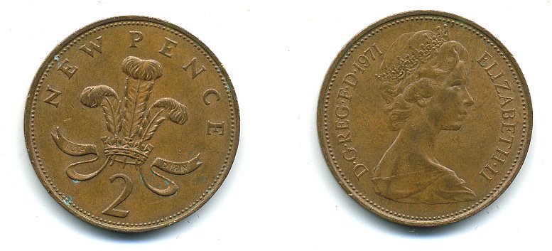 Великобритания 2 пенса 1971 Елизавета II (1952-2022) КМ 916, Spink 4235 (C1) бронза 4110-642