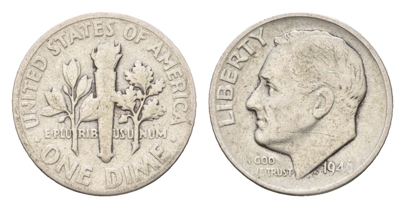 США 1 дайм (10 центов) 1946 Рузвельт KM 195 серебро 72-1666