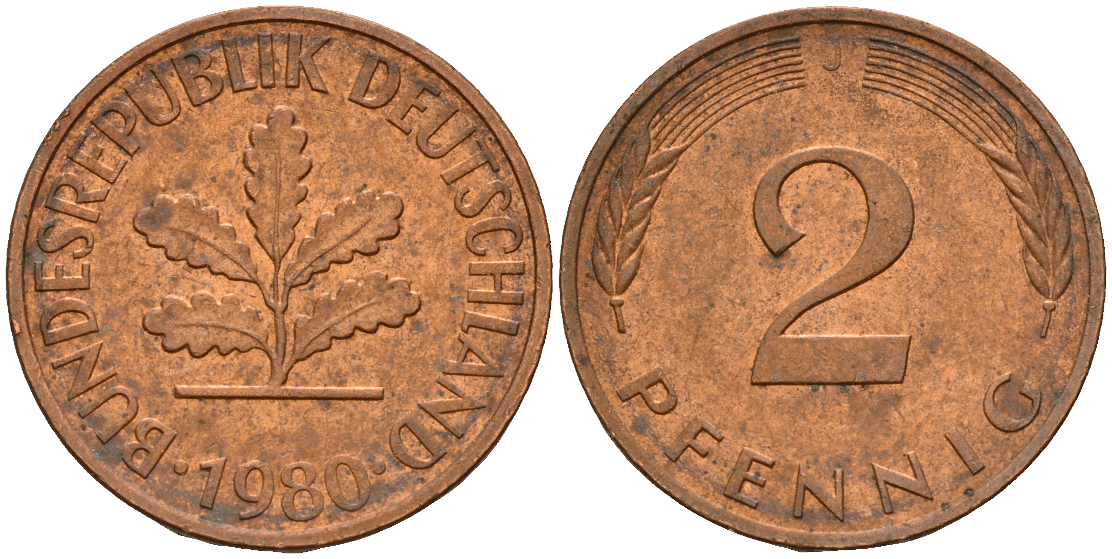 ФРГ 2 пфеннига 1980 J J.381a, KM 106a сталь плакированная медью    4598-855