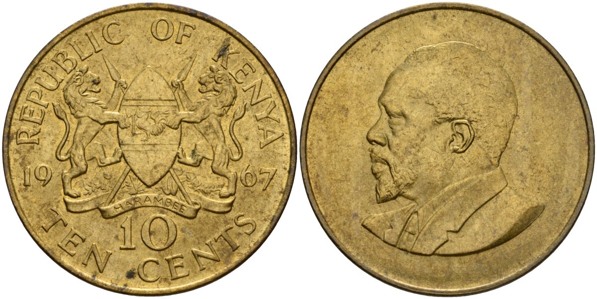 Кения 10 центов 1967 Джомо Кениата KM 2 никель латунь aUNC 4599-1243