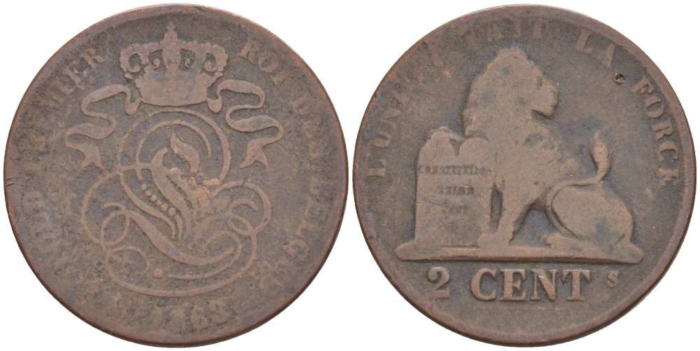 БЕЛЬГИЯ 2 САНТИМА 1863 BELGES KM 4.2 медь 4546-113