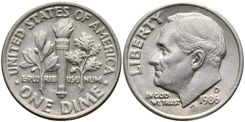 США 10 центов (дайм) 1986 D, Франклин Рузвельт KM 195а медь плакированная медно-никелем 46-2434