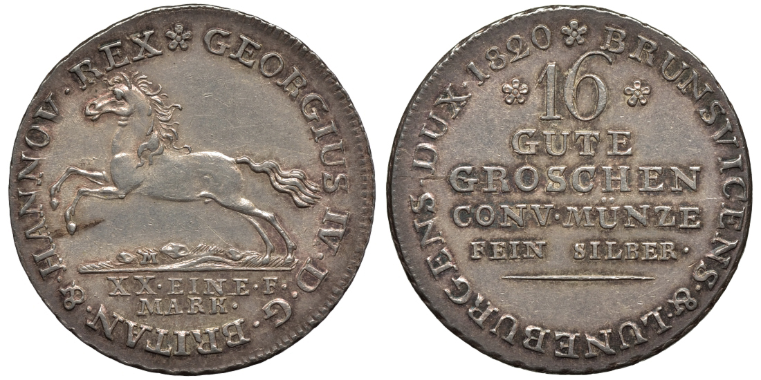 Брауншвейг-Каленберг-Ганновер 16 гутергрошенов 1820 король Георг IV (1820-1830) J 23 b, AKS 33 серебро  aUNC  11-119-24