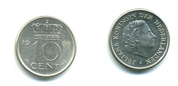 НИДЕРЛАНДЫ 10 ЦЕНТОВ 1968 ЮЛИАНА KM 182 никель 76-342