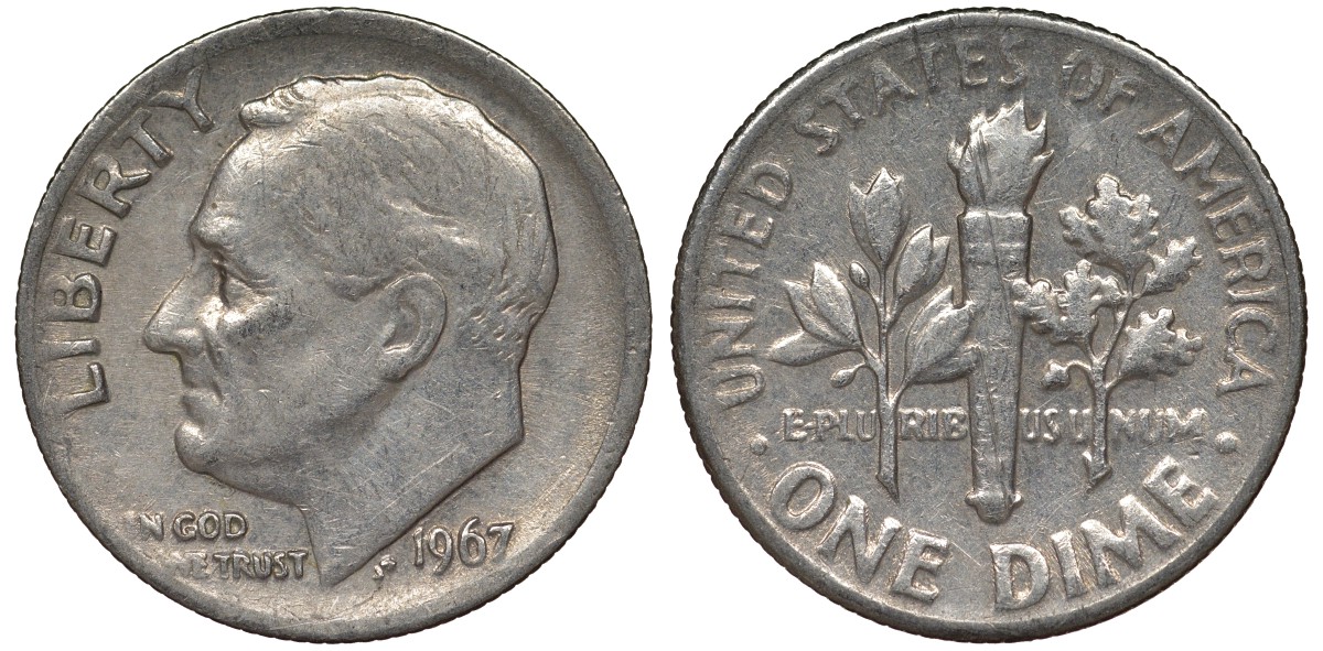 США 10 центов (дайм) 1967 Рузвельт KM 195а медь плакированная медно-никелем 4124-439