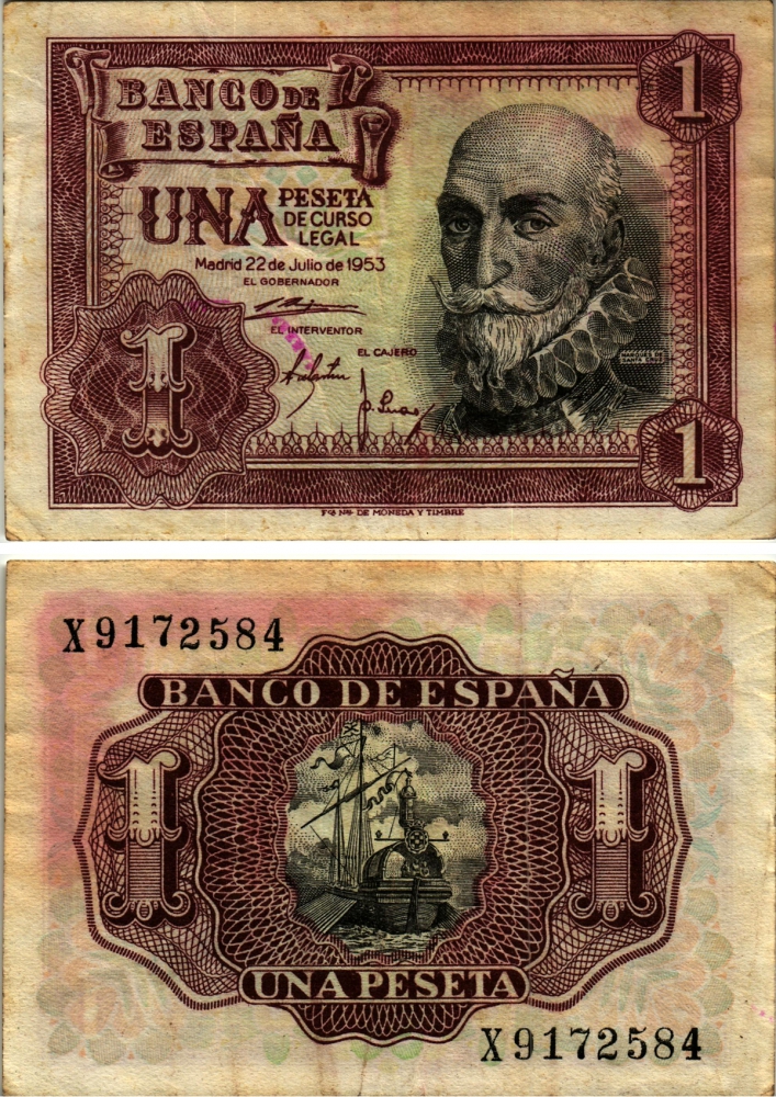 Испания 1 песета 1953 22 июля 1953, Мигель де Санта Круз Pick 144а бумага 3295-92-2-2