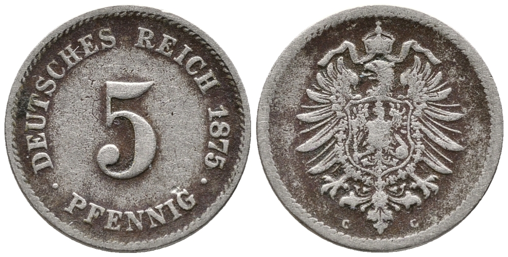 Германия 5 пфеннигов 1875 C, старогербовка KM 3, Jager 3, Weege 5 медно-никель 39-323